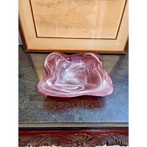 Mid Century Murano Style Cranberry Red Cased Glass Bowl White Swirl Spanish MCM